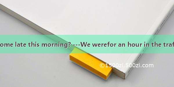 ---Why did you come late this morning? ---We werefor an hour in the traffic jam.A. taken u