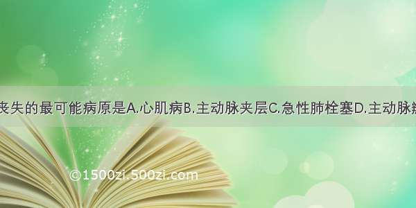 该患者意识丧失的最可能病原是A.心肌病B.主动脉夹层C.急性肺栓塞D.主动脉瓣狭窄E.急性