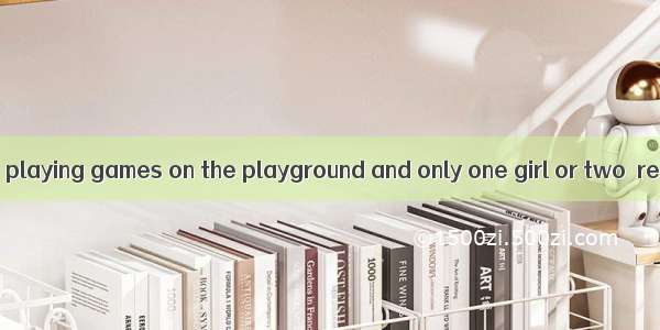 Many a student  playing games on the playground and only one girl or two  reading in the