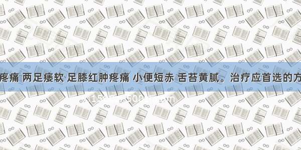 患者筋骨疼痛 两足痿软 足膝红肿疼痛 小便短赤 舌苔黄腻。治疗应首选的方剂是A.三