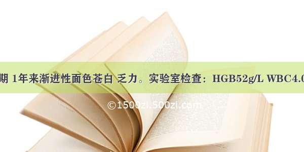 女性。育龄期 1年来渐进性面色苍白 乏力。实验室检查：HGB52g/L WBC4.0×10／L 血