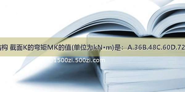 图示结构 截面K的弯矩MK的值(单位为kN·m)是：A.36B.48C.60D.72ABCD