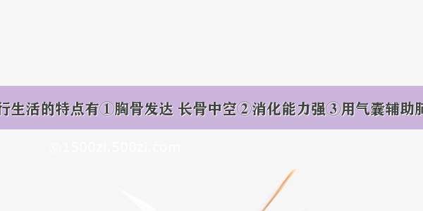 鸟类适于飞行生活的特点有①胸骨发达 长骨中空②消化能力强③用气囊辅助肺呼吸④前肢