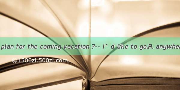 -What’s your plan for the coming vacation ?-- I’d like to go.A. anywhere relaxingB.