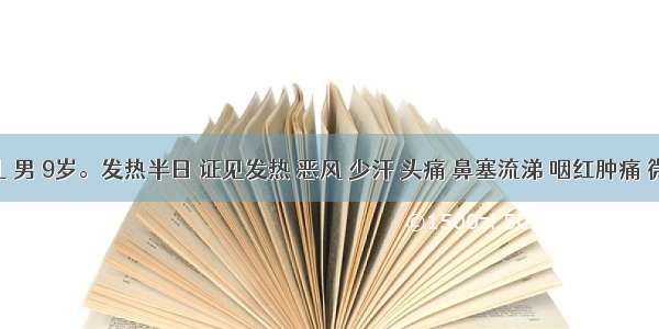 患儿 男 9岁。发热半日 证见发热 恶风 少汗 头痛 鼻塞流涕 咽红肿痛 微咳 