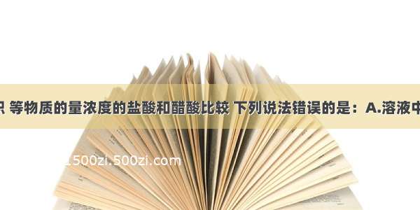 单选题等体积 等物质的量浓度的盐酸和醋酸比较 下列说法错误的是：A.溶液中pH盐酸比醋