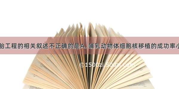 下列关于胚胎工程的相关叙述不正确的是A. 哺乳动物体细胞核移植的成功率小于胚胎细胞