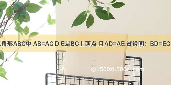 三角形ABC中 AB=AC D E是BC上两点 且AD=AE 试说明：BD=EC