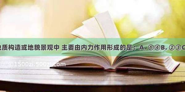 该图所示的地质构造或地貌景观中 主要由内力作用形成的是：A. ①④B. ②③C. ①③D. ②④