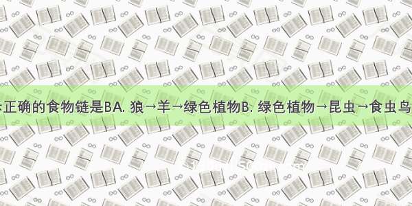 下面表示正确的食物链是BA. 狼→羊→绿色植物B. 绿色植物→昆虫→食虫鸟→鹰C. 分