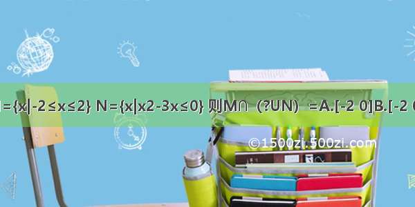 若全集U=R 集合M={x|-2≤x≤2} N={x|x2-3x≤0} 则M∩（?UN）=A.[-2 0]B.[-2 0）C.[0 2]D.（0 2）